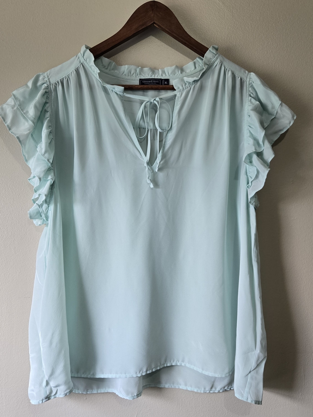 Vineyard Vines Mint Green Double Ruffle Sleeve Top Silk Size XL